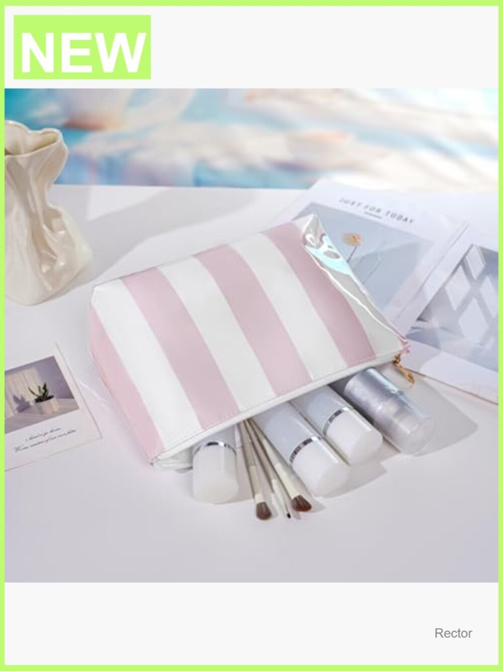 Large PVC Waterproof Striped Makeup Bag, Clear Coated Cosmetic Travel Organizer - Picture 2 of 6
